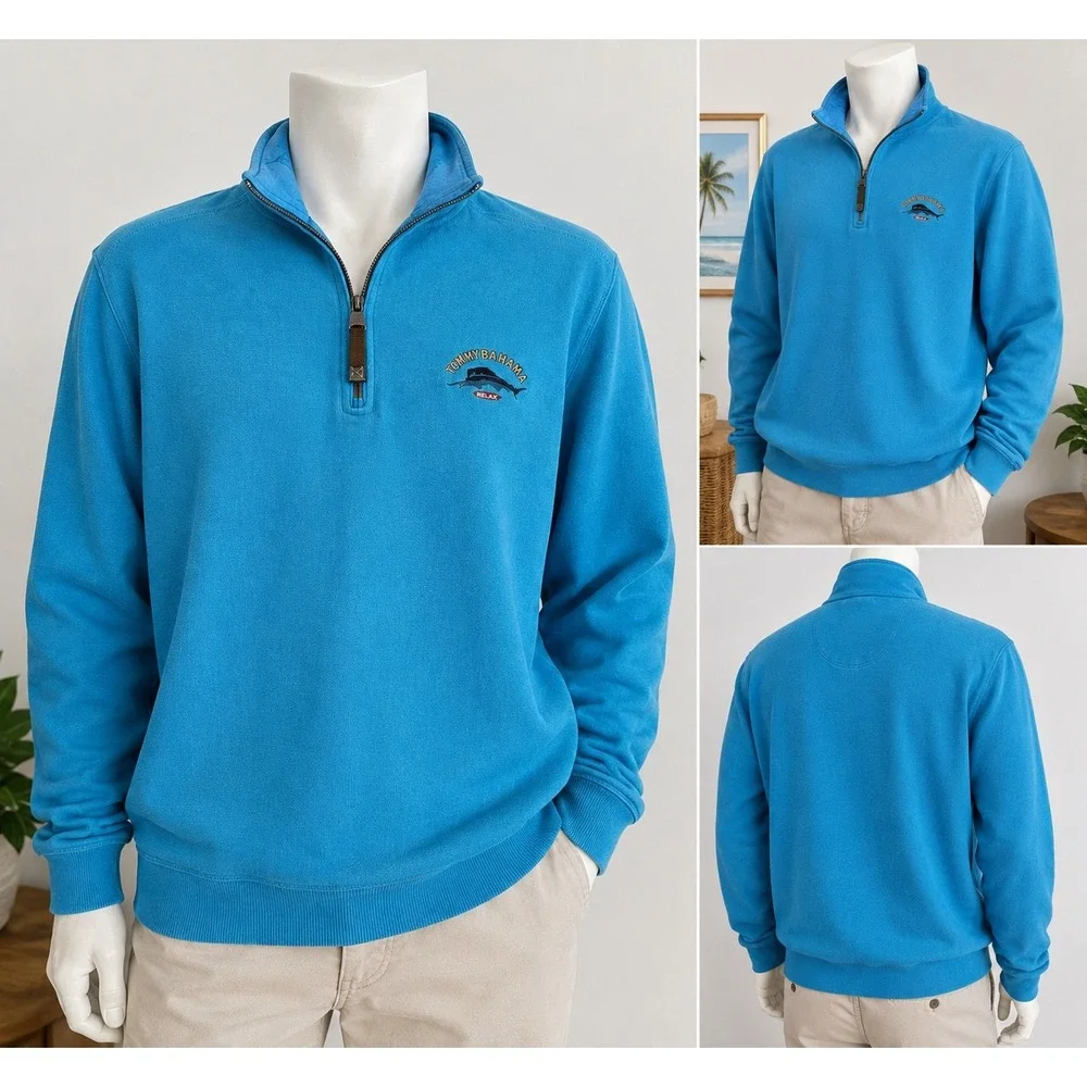 Tommy Bahama Relax Mens Large Blue 100% Cotton Quarter Zip Marlin Logo Pullover